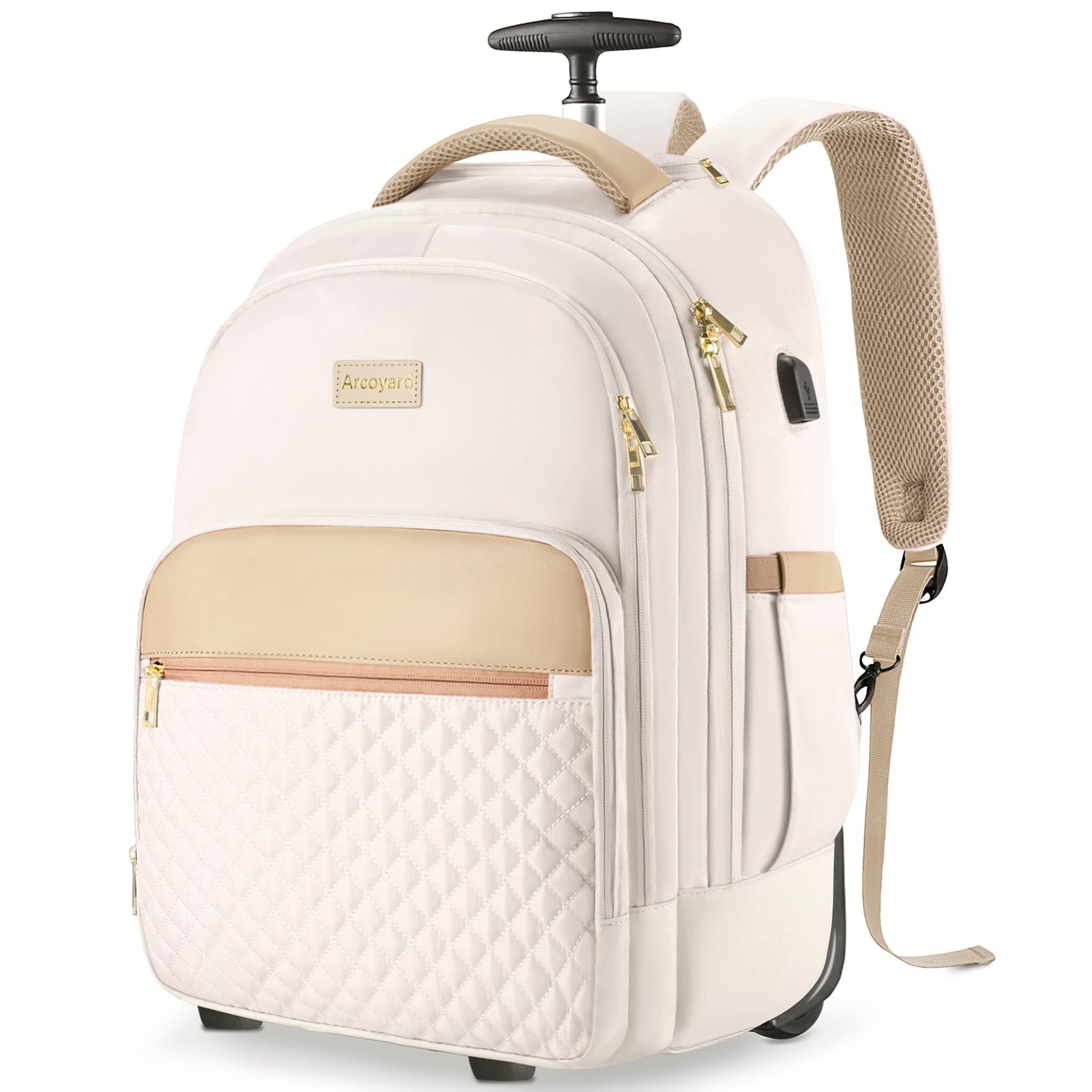 Arcoyard Rolling Backpack Carry On Luggage For Adults With Wheels, 40L Wheeled Backpack For Women, Travel Roller Backpack, Rolling Bag, Beige, Beige, 20 inches, Rolling Backpack Carry on Luggage