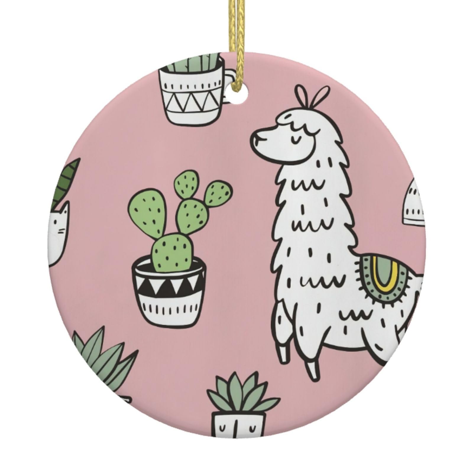 Alpaca And Cactus Print Christmas Ornaments, Ceramic Hanging Ornament, Round Shape Decorations