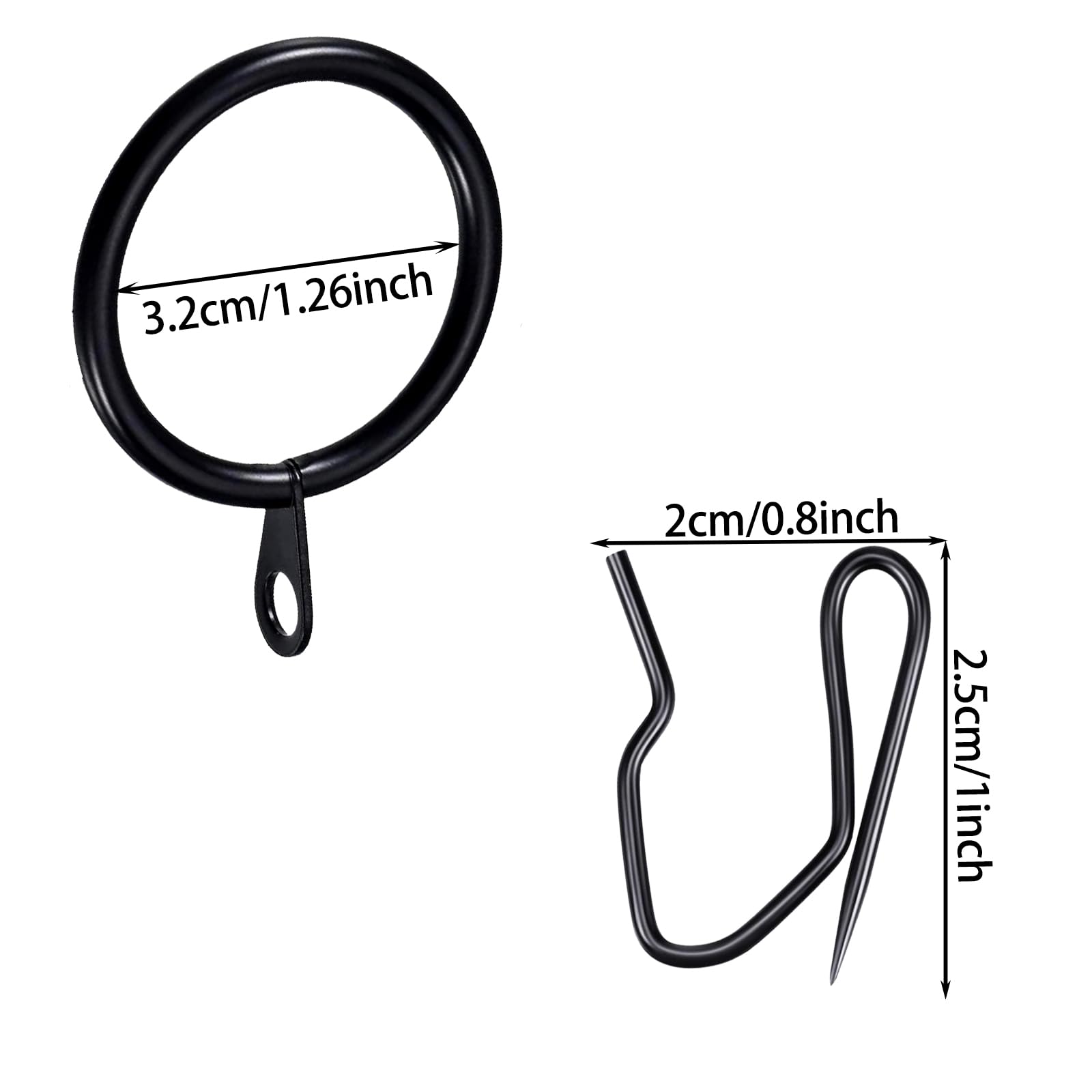 Lot de 100 anneaux de rideaux en métal avec crochets en métal pour fenêtre, porte de douche, 30 mm de diamètre intérieur (noir)