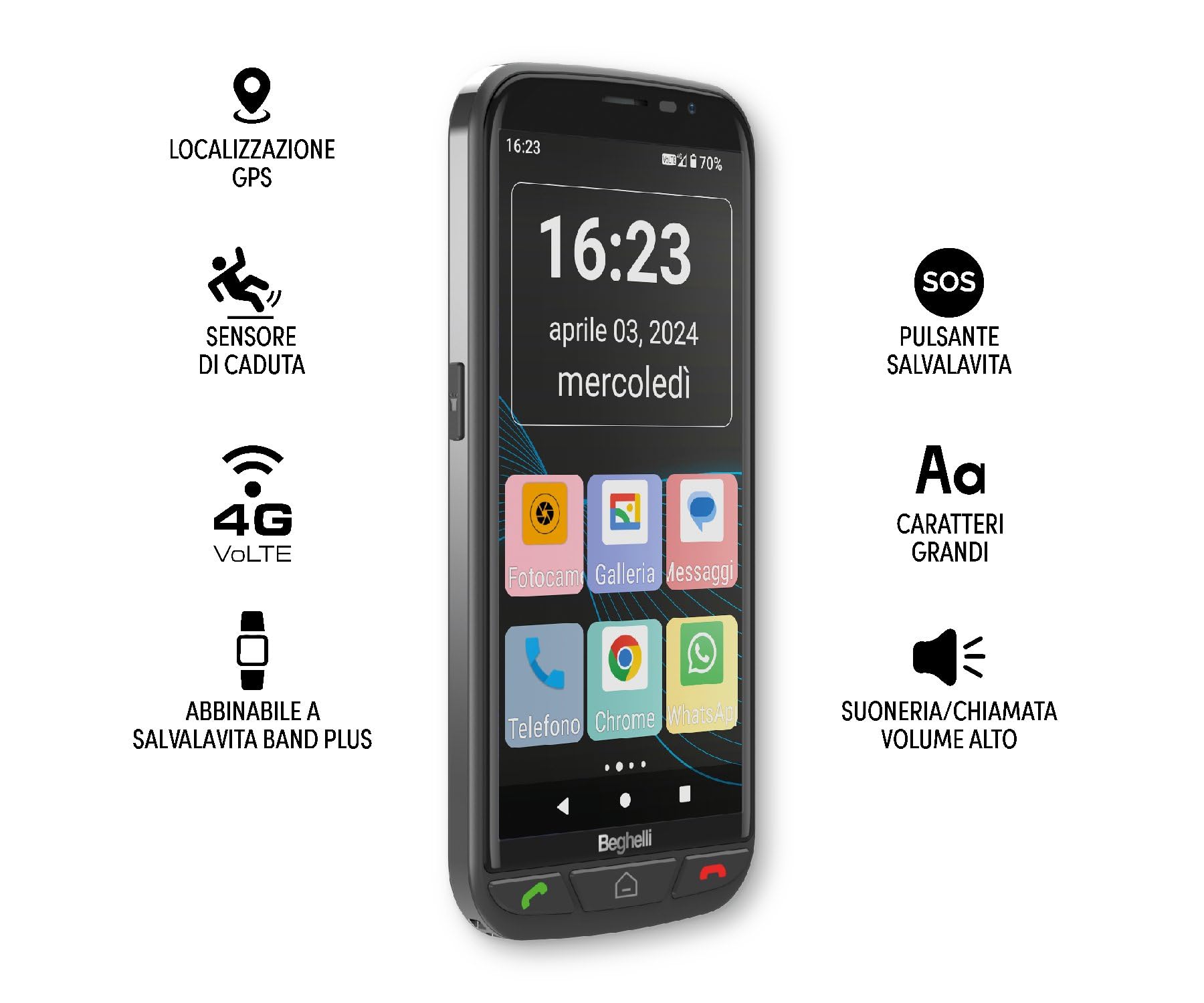 Beghelli - Telefono Anziani Salvalavita SLV55, Smartphone 4G con Tasto SOS e Chiamata Rapida, Schermo con Grandi Icone, Volume Alto, Display Touchscreen 5.5", Torcia, Radio, Fotocamera - Colore: Nero