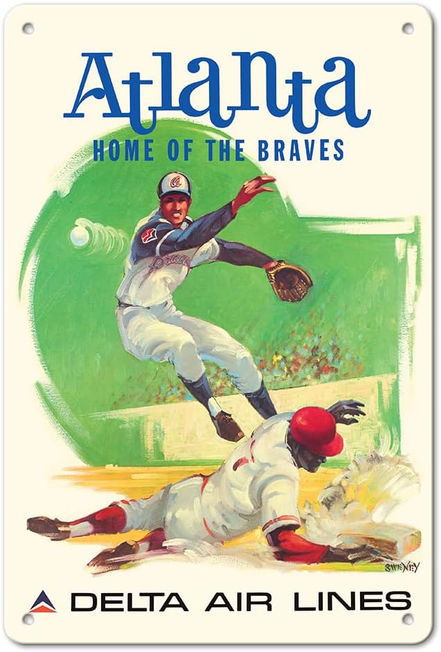 Pacifica Island Art Atlanta Georgia - Home of the Braves - Delta Air Lines - Vintage Airline Travel Poster by Fred Sweney c.1960s - 8 x 12 inch Vintage Metal Tin Sign