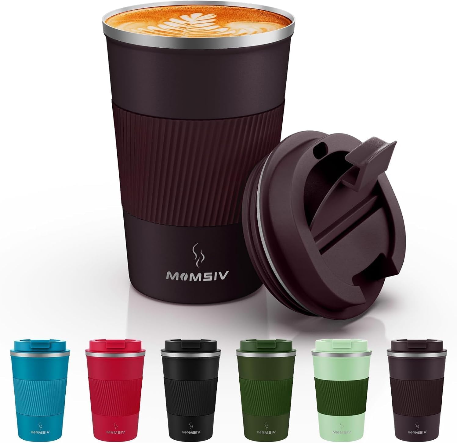 MOMSIV 12oz Travel Mug, Insulated Coffee Cup with Leakproof Lid, Vacuum Stainless Steel Double Walled Reusable Tumbler for Hot and Cold Water Coffee and Tea In Travel and Car (Brown)