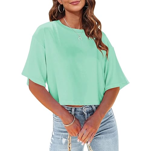 Tankaneo Women Half Sleeve Cropped T-Shirts Drop Shoulder Round Neck Crop Tops Casual Summer Solid Color Basic Tees