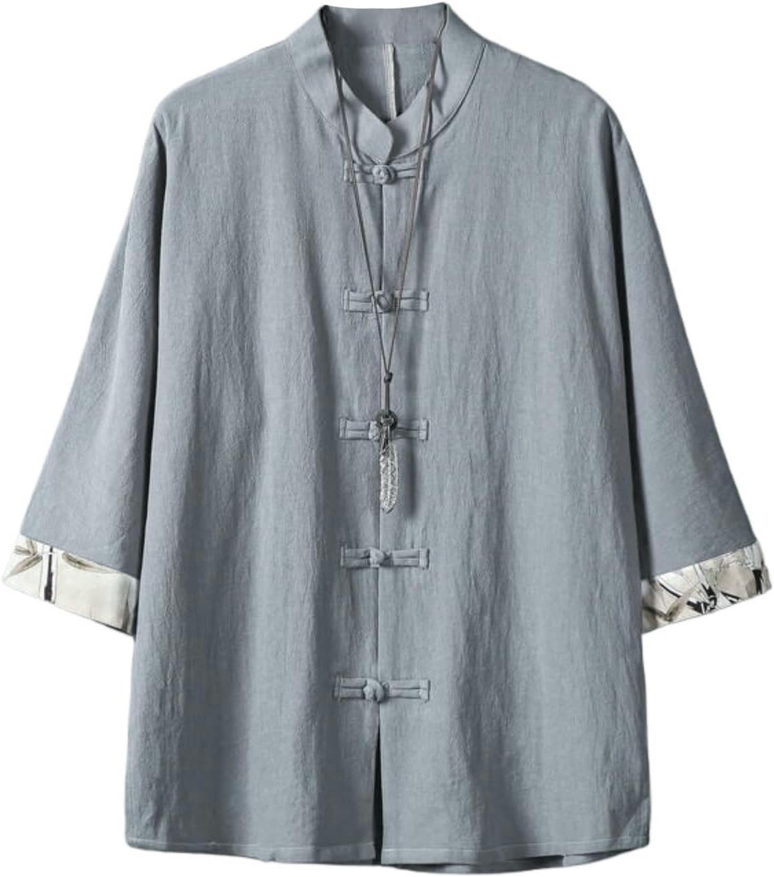 Men's Summer Trendy Retro Stand Collar Print Seven-Sleeve Shirt