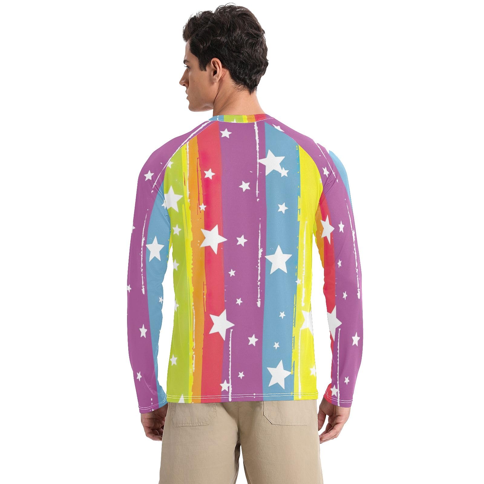 Rainbow Stripes Stars Rash Guard Men UV Sun Protection UPF 50+ Sun Shirt Long Sleeve Quick Dry Fishing Shirts, Small