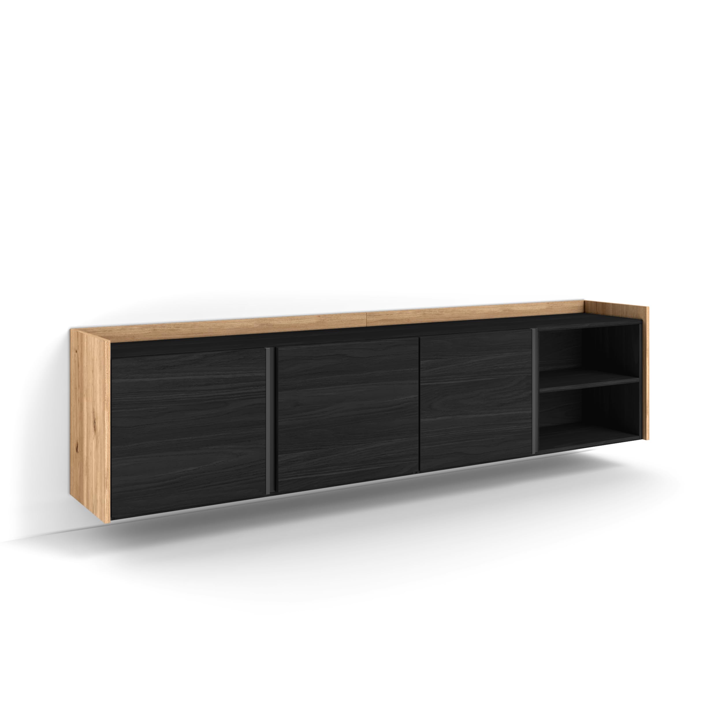 Skraut Home | Mobile TV Soggiorno | 207x50x35 cm | Nero e rovere | Ampio spazio a disposizione | Per TV fino a 80" | Sospeso, da appendere | Stile moderno