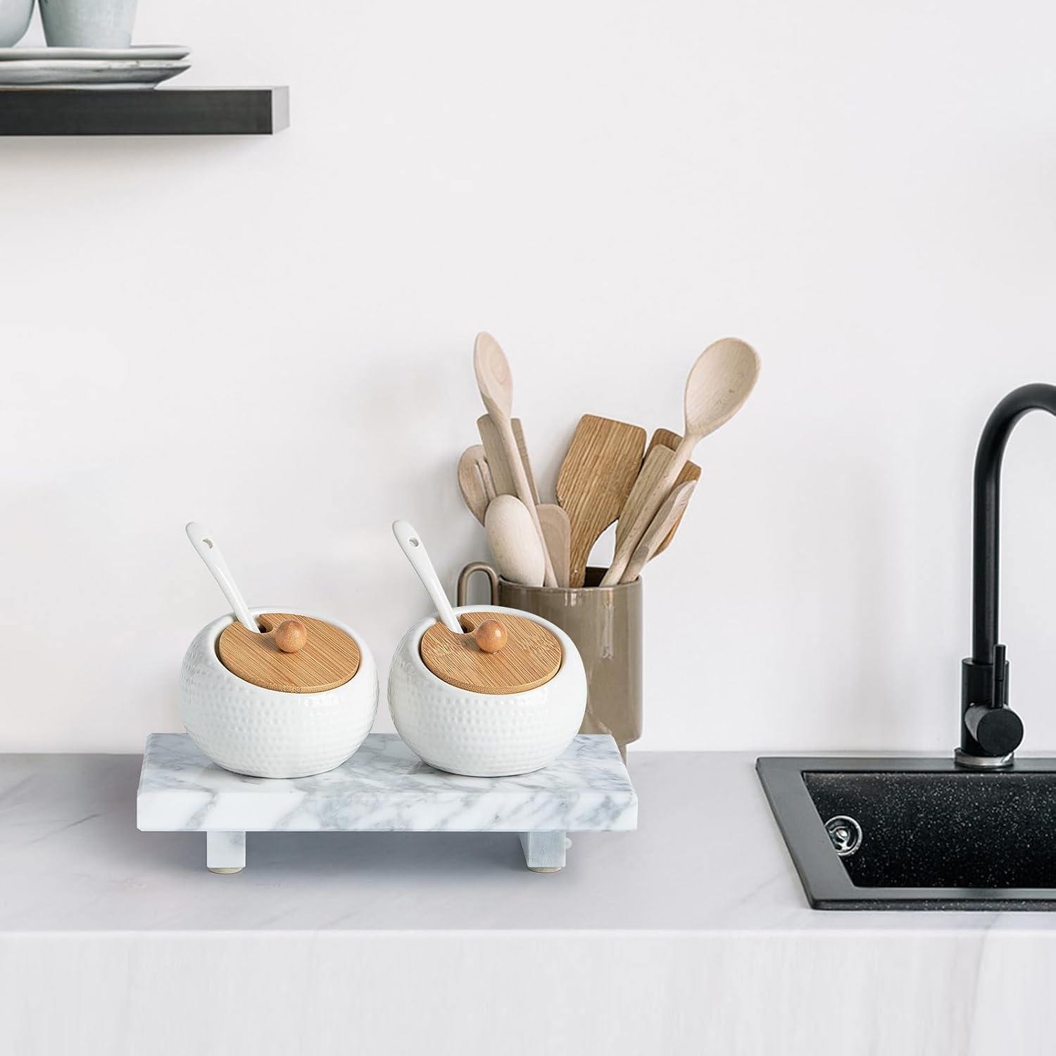 Natural Marble Tray Pedestal Stand – 8.7"x4" Soap & Jewelry Riser for Bathroom Counter, Kitchen Sink, Vanity Organizer, Decorative Stone Catchall for Perfume, Candles