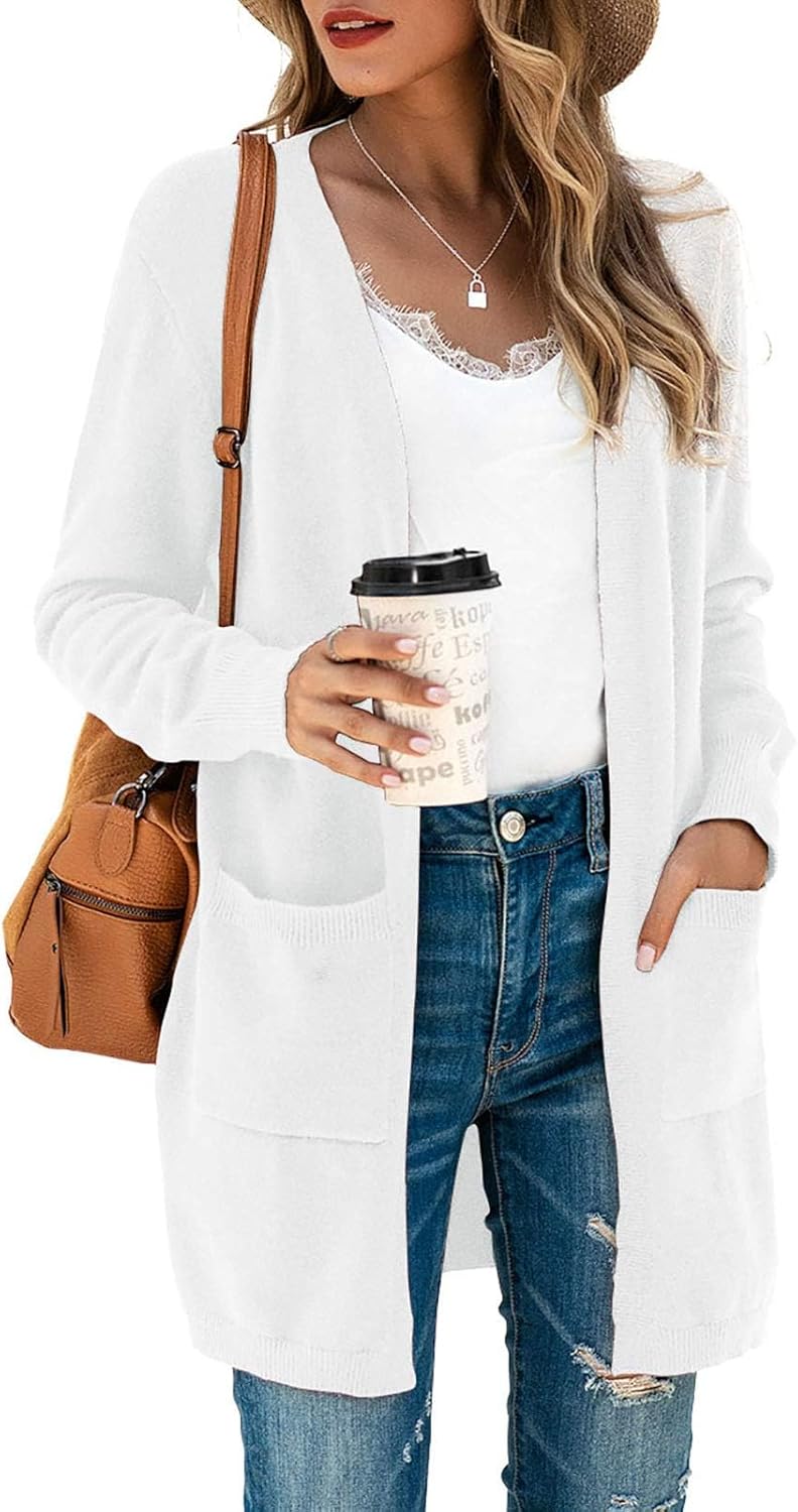 Saodimallsu Gebreid vest voor dames, korte lantaarnmouwen, cardigan, knoopsluiting, open voorkant, sweater, lange mouwen, losse gebreide jas, herfst en winter, Kaki, L