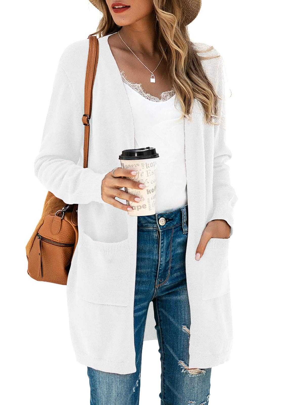 Saodimallsu Strickjacke Damen Lang Leicht Cardigan Langarm Open Front Strickpullover Einfarbig Freizeit Strickmantel Outerwear mit Tasche