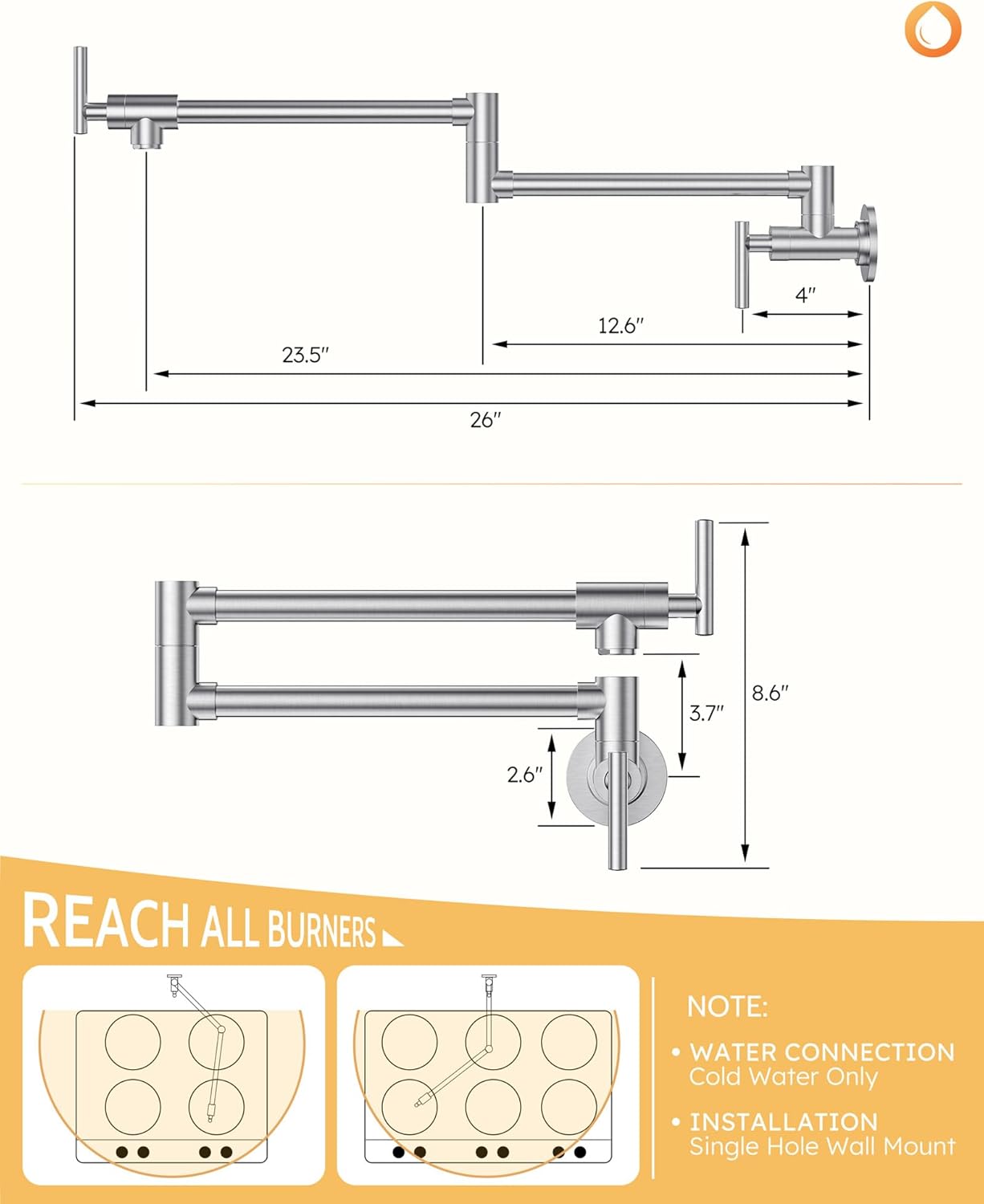 WOWOW Pot Filler Faucet Brushed Nickel, Brass Pot Filler Wall Mount Kitchen Stove Faucet with Double Joint Swing Arms - Image 7