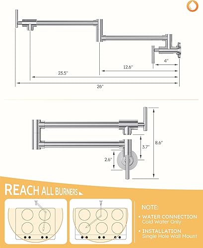 Miniatura 54 de WOWOW Grifo de llenado de ollas de níquel pulido, relleno de olla de latón macizo, montaje en pared, grifo de estufa de cocina con brazos oscilantes