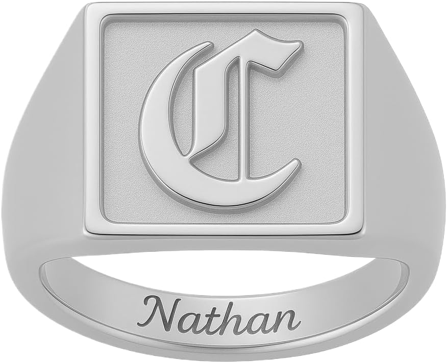 Custom Old English Initial Signet Ring for Men Women Personalized Square Pinky Ring with Inside Engraving