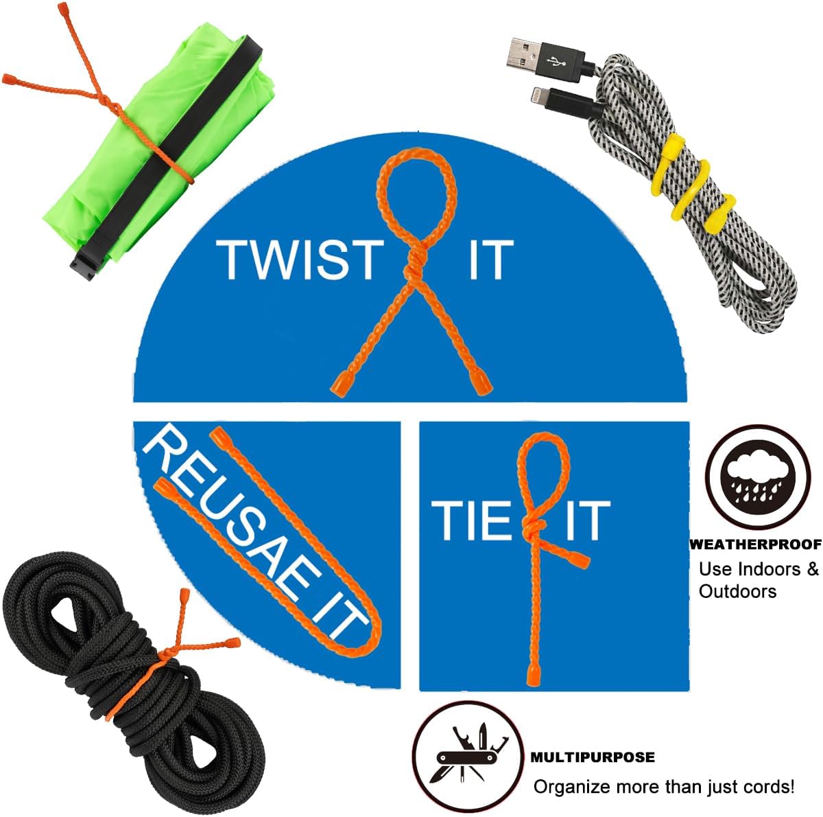 Original Reusable Silicone Twist Ties for Cable Organizer, 12in, Black, Cable Straps for Cords, Cord Ties for Electrical Cords, Power Cord Organizer, Hook and Loop Straps, Computer Cable Ties