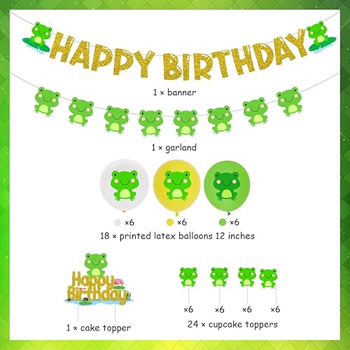 Miniatura 6 de Cheereveal Kit de decoración de fiesta de cumpleaños de rana con pancarta de feliz cumpleaños, decoración de pasteles, globos de látex de rana,