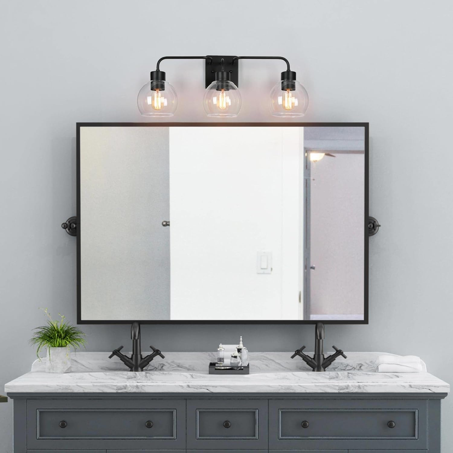 ZEVNI Black Vanity Light, 3-Light Mid Century Modern Bathroom Vanity Light, Matte Black Bathroom Lighting Fixtures Over Mirror with Clear Globe Glass Shade, 24.5" x 7" x 9.5"