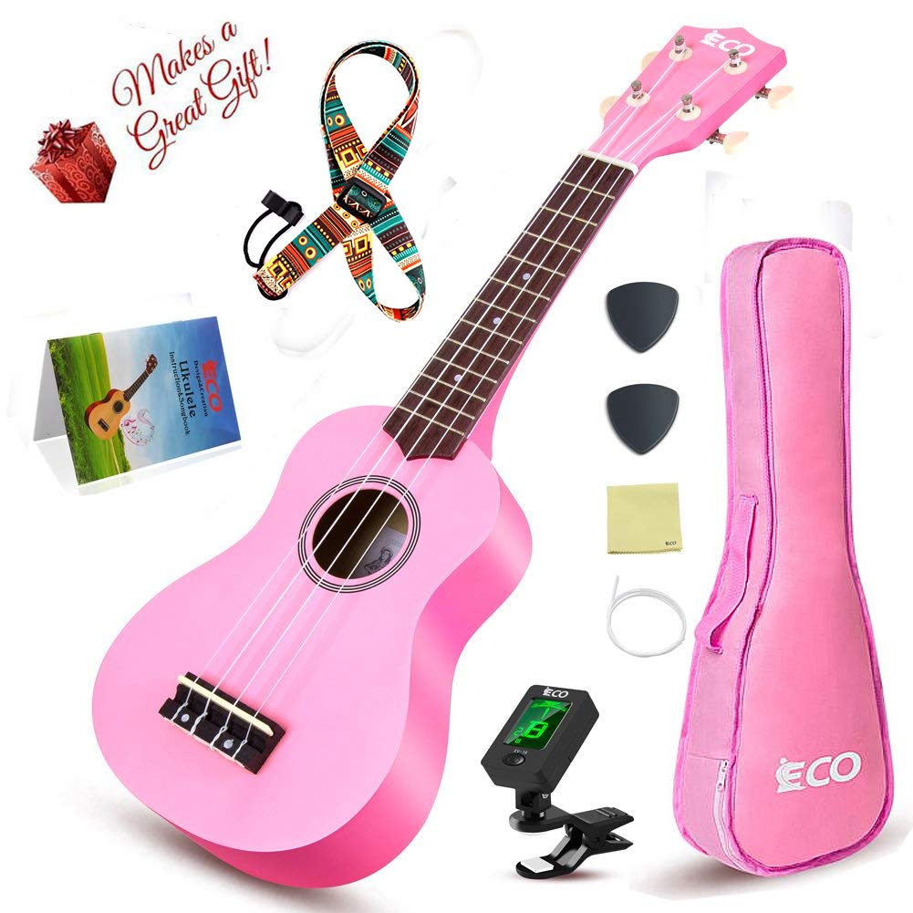 iECOSoprano Ukulele Beginner Kit - 21 Inch Ukulele for Kids Adults with Gig Bag, Picks, Tuner, Strap, Extra Strings (Pink)