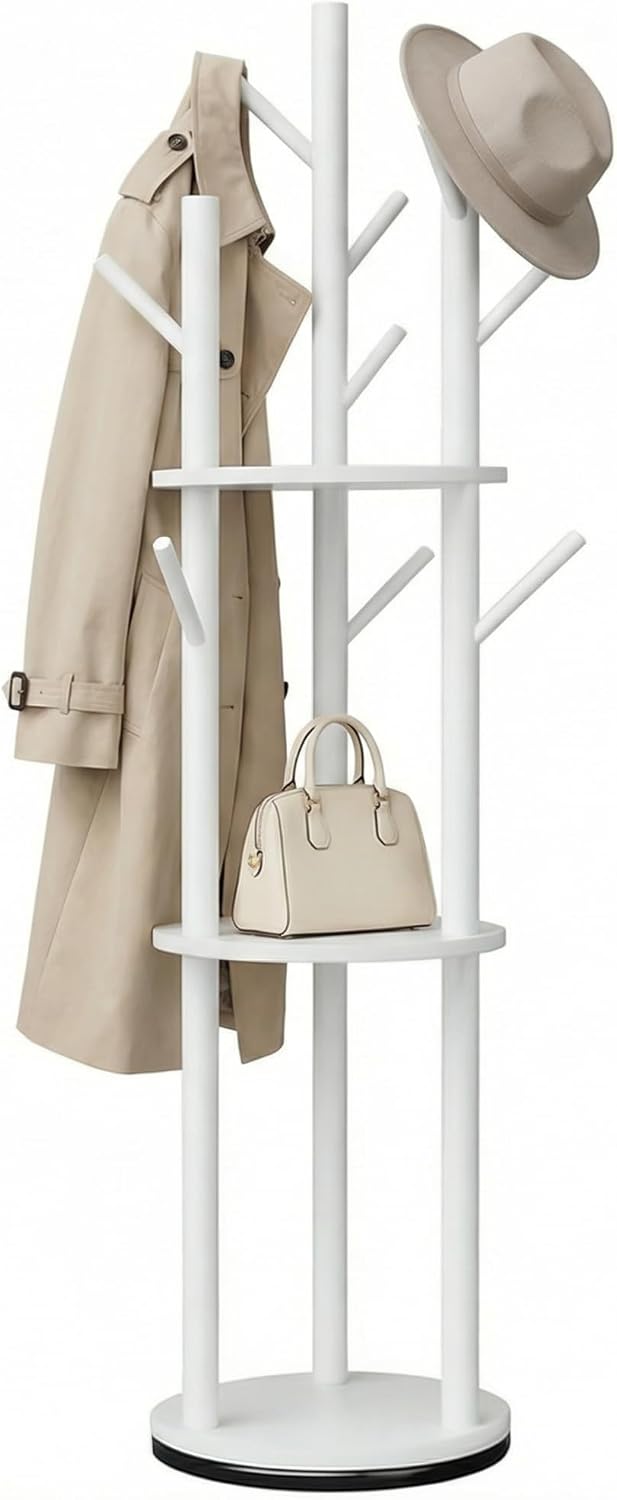 Rotating Solid Wood Coat Rack with Shelves, 360° Freestanding Tree Hall Tree for Entryway, Bedroom, or Office – Modern Space-Saving Organizer,White