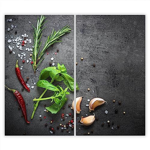 SMTDeco Herdabdeckplatte 2×30×52 cm – ESG gehärtetes Glas, kratzfest & rutschfest – Spritzschutz & Schneidebrett – für Induktion/Ceranfeld – 2-teilig, Motiv Zweiteilig Kräuter Grau