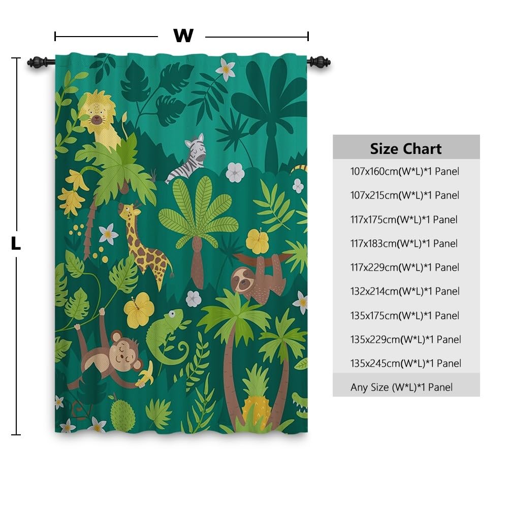 Dschungel-Safari-Vorhänge mit Bleistiftfalten Tiere Wald Tropisch Bunter Cartoon-Zoo Fenstervorhang für Kinderzimmer Spielzimmer Türvorhang innen Schlaufe hinten 135x245 cm 1 Stück
