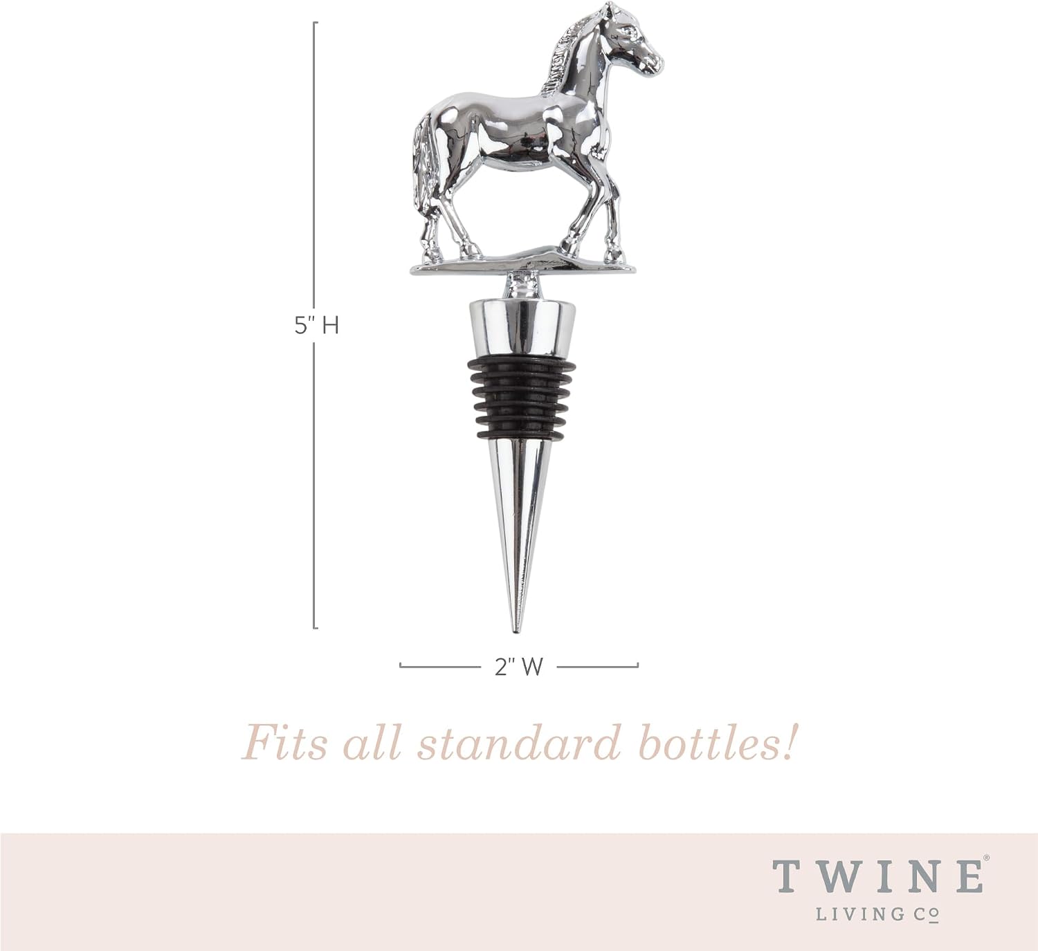 Twine Derby Wine Bottle Stopper, Keep Wine Fresh, Horse Bottle Stopper, Fits Standard Bottles, Metal, Rubber Seal, Silver, Set of 1