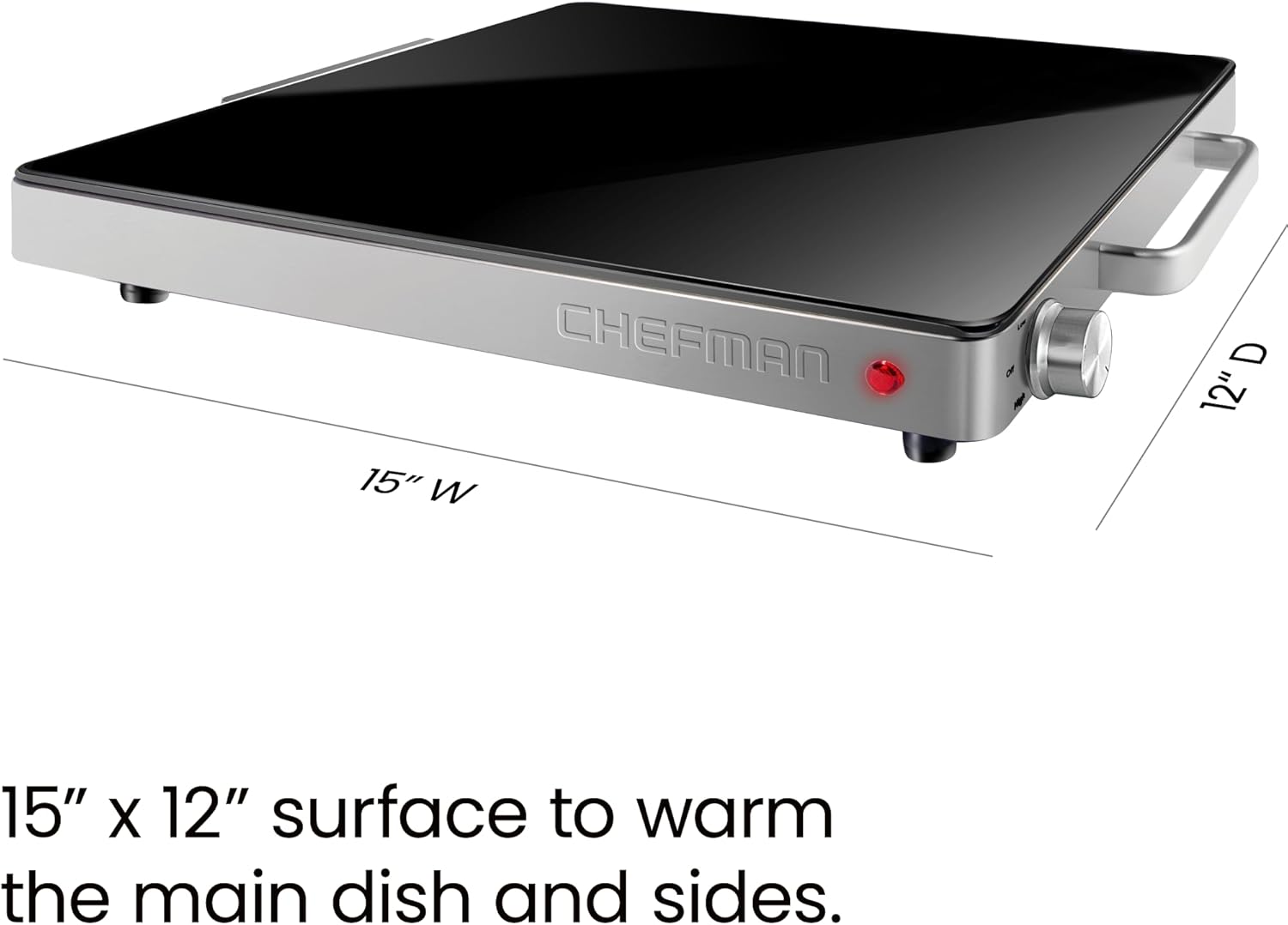 Diagram showing the dimensions of the Chefman Compact Glasstop Warming Tray