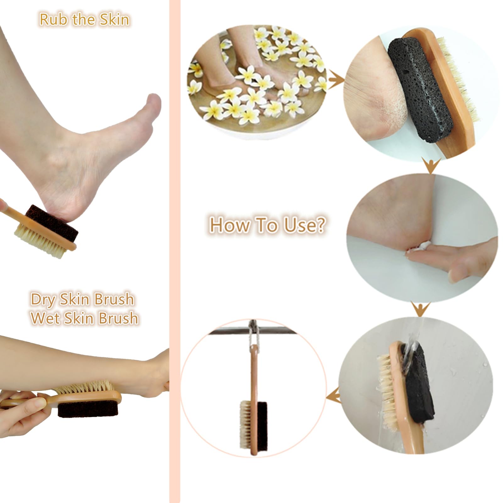 Piedra pómez de lava natural para pies con cepillo, removedor de callos, exfoliante, herramientas de pedicura para piel muerta dura, pies más suaves y lisos, cerdas de jabalí de doble cara