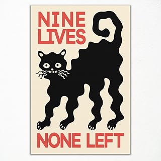 Funny Black Cat Canvas Wall Art, Black Cat Nine Lives None Left Quote Poster, Unique Gothic Wall Print, Black and Red Contemporary Artwork, Cute Animal Painting for Bedroom 8x12in Unframed