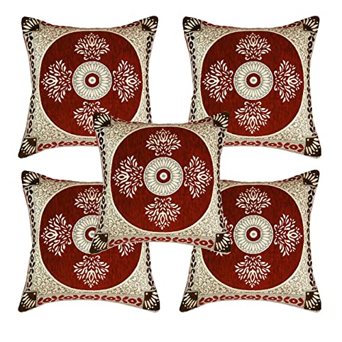 Image of Chenille Sofa Cover - 3+1+1 Set, Velvet & Chenille, Dustproof, Wear Resistant, Coffee & Maroon, Floral Pattern, Everyday Use, 5 Cushion, 16 Piece, 27 Inch Width, Sofa Cover
