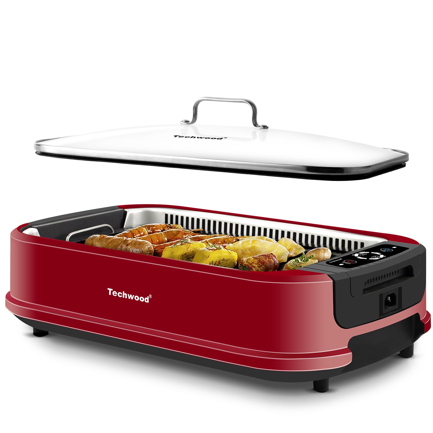 Techwood Indoor Smokeless Grill 1500W Electric Grill with Tempered Glass Lid, Compact & Portable Non-Stick BBQ Grill with Turbo Smoke Extractor Technology, LED Smart Control Panel, Red