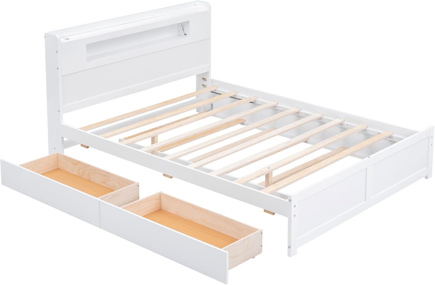 Ball & Cast Queen Size Bed Frame with Storage Headboard & Led, Wooden Platform Bed Frame with 2 Drawers and 1 Twin Size Trundle Bed,Wood Slats Support,No Box Spring Needed,White