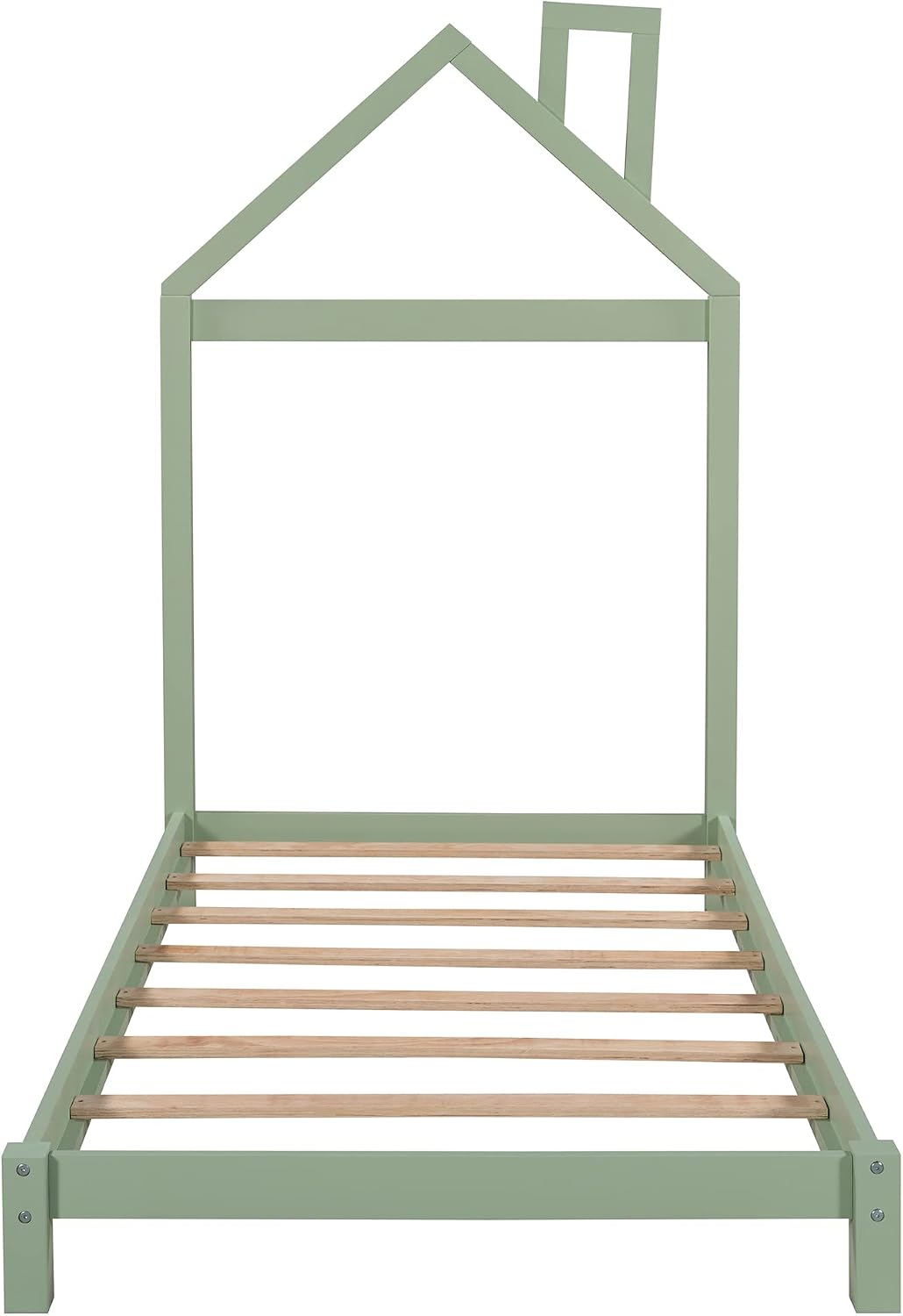 Twin Platform Beds with House Shape Headboard Low-Profile Twin Size Bed Frame with Wooden Slats Support for Girls Boys Kids Juniors, Green