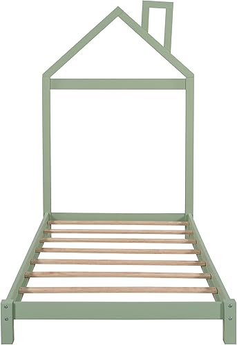 Miniatura 106 de Cama de plataforma de madera de tamaño individual con cabecero y cercas en forma de casa, sin rejas, cama de piso para dormitorio de niños