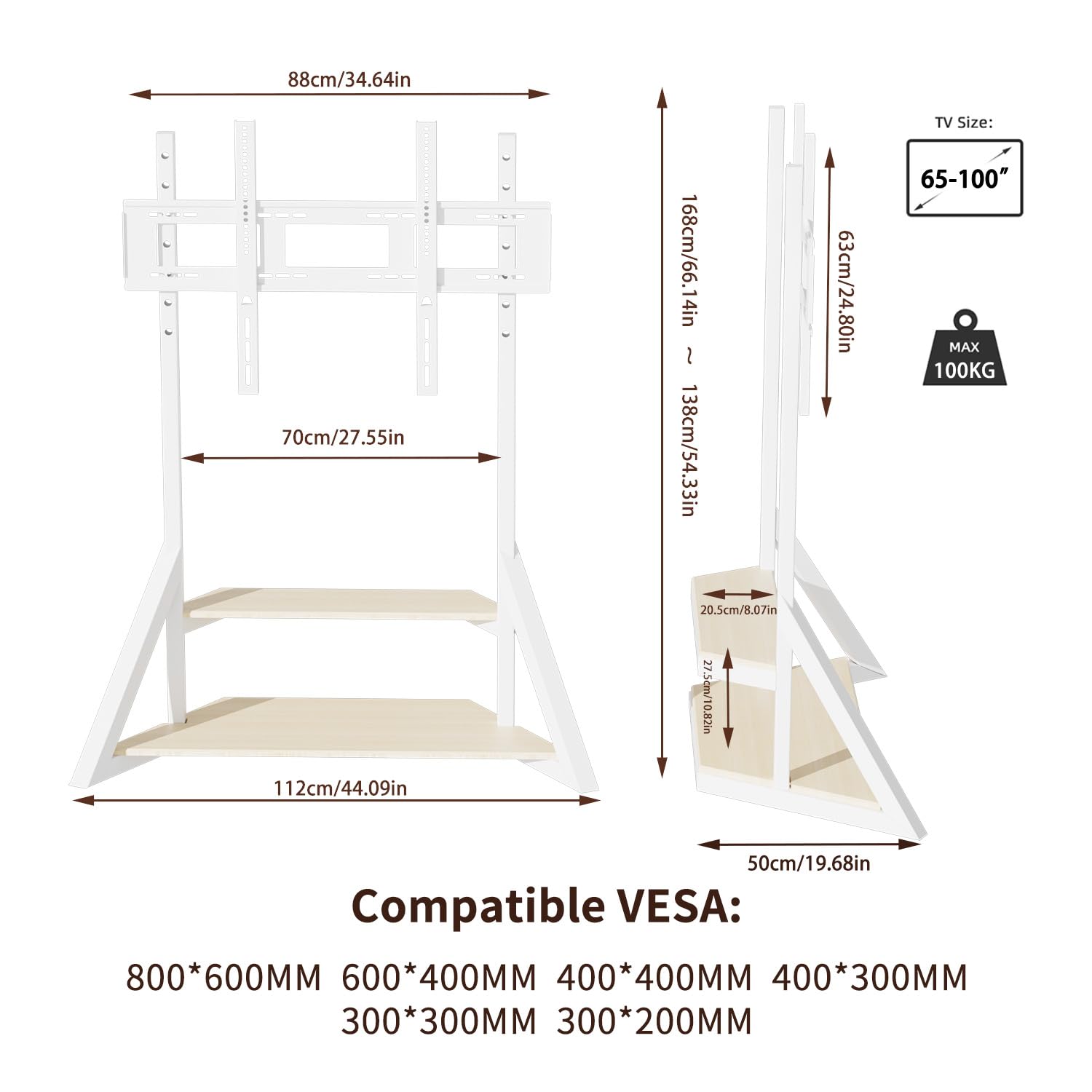 UNHO Supporto TV da Pavimento con Ruote Bianco: Supporto TV Mobile con Rotelle per 65-100 Pollici, Peso Max 100kg Base Solida per Schermi Giganti, Max VESA 800x600mm, Regolabile in Altezza