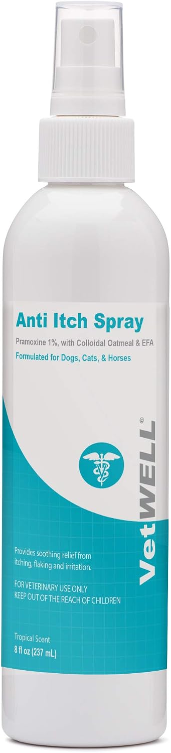 VetWELL Anti Itch Spray for Dogs, Cats and Horses - Dog Itching Skin Relief, Hotspots, and Flaking from Flea and Insect Bites - with Pramoxine and Colloidal Oatmeal - 8 oz