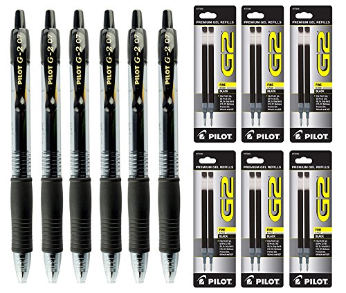 Pilot G2 Gel Ink Roller Ball, negro, punta fina, 6 plumas y 12 recambios