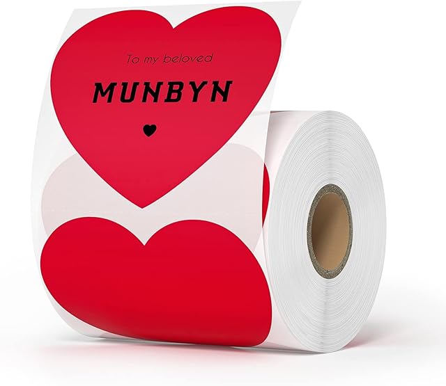 MUNBYN 3" Heart Thermal Stickers, Heart Shaped Adhesive Sticker Labels, Red Love Thermal Labels for Gift, Wedding, Anniversary, Valentine's Day, Small Business 400 Labels/Roll