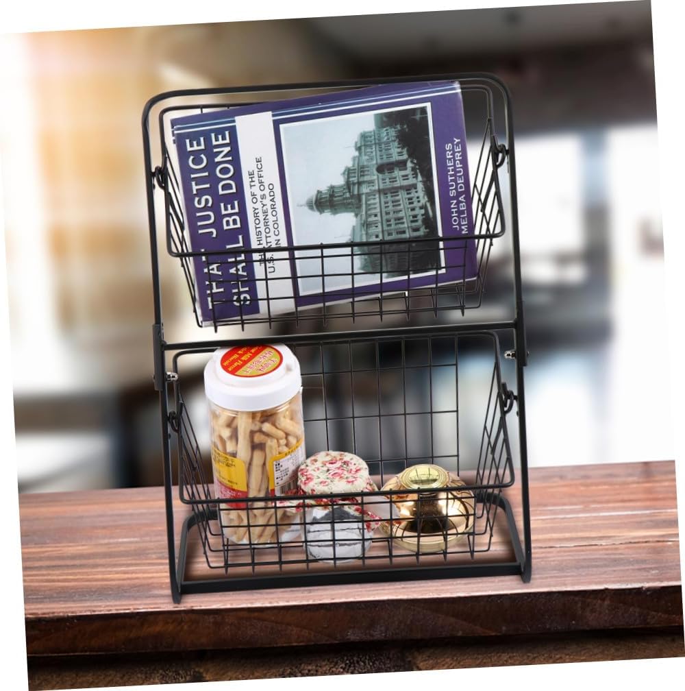 Hemobllo Two Layer Cosmetic Storage Rack with Hollow Design Multi Purpose Kitchen Snack Basket for Pantry Organization and Desktop Use Sturdy Black Organizer for Home Supplies Random Color