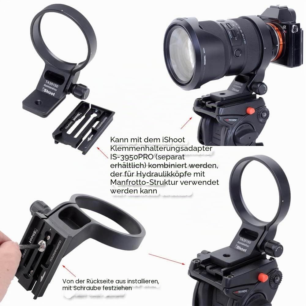 iShoot Metall-Objektiv-Stativ-Halterungsring kompatibel mit Tamron 35-150 mm f/2-2.8 Di III VXD A058 E Mount, Objektivstütz-Halterung unten ist Arca-Swiss Fit Schnellwechselplatte Schwalbenschwanznut