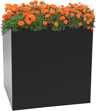 Steel Planter Box, 26 * 26 * 26in Metal Flower Pots Decorative Outdoor Planters, Square Standing Plant Containers for Indoor Garden Patio Porch, Black