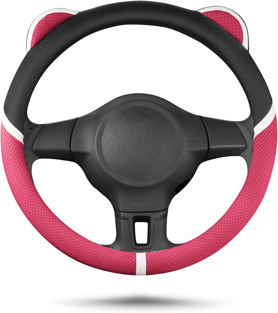 Ergocar Round Shape Steering Wheel Cover Cartoon Cat Ears Microfiber PU Leather Cute Girl Car Steering Wheel Protector Anti-Slip Breathable Fashionable 38cm(15"), Rose Red