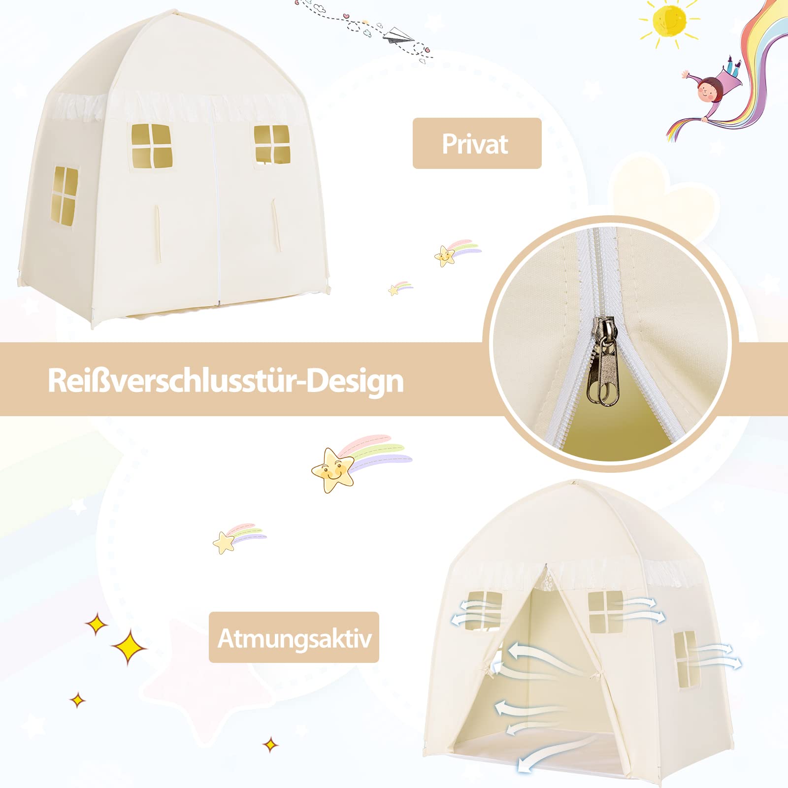 COSTWAY 143 x 100 x 155 cm Spielhaus für 2-3 Kinder, Prinzessin Prinzess Kinderzelt, Kinderspielzelt mit Fenstern und doppeltem Vorhang, Spielzelt In- & Outdoor (Beige)