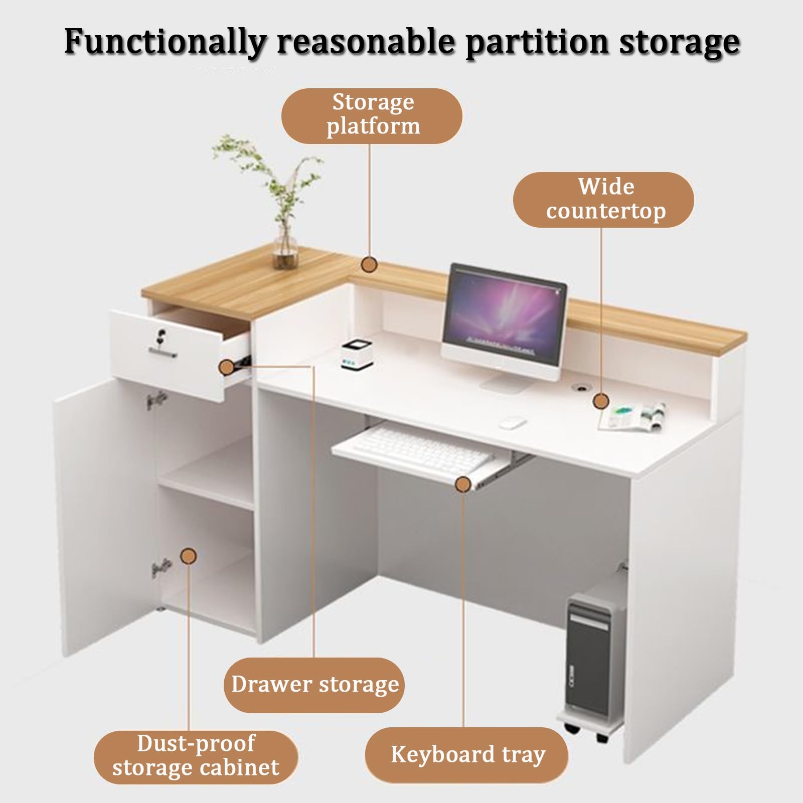 YVYKFZD Büro Empfangstheke Rezeption, Kleiner Rezeptionstheken mit abschließbaren Schubladen, stehender Empfangstresen, verkaufstheke multifunktionaler Verkaufstresentisch(White1 R,39.3"x17.7"x39.3")