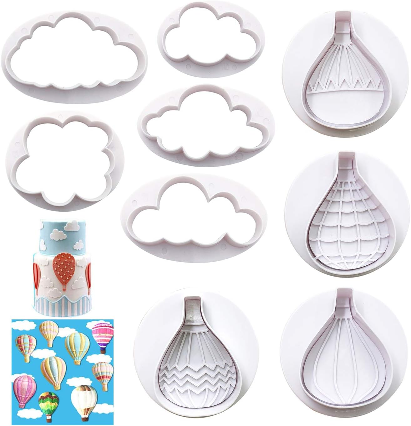 9Pcs Balloons and Cloud Cake Decoration Fondant Mold Set Hot Air Balloon Cookie Cutters for Chocolate Candy Baking Pastry Cookie Sugar Craft