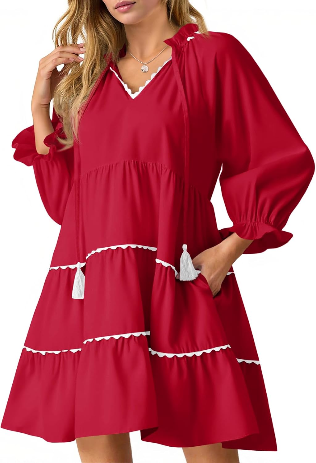 Wenrine Womens Casual Mini Dress Long Sleeve Floral Ruffle V Neck Fall Loose Boho Babydoll Dresses with Pockets