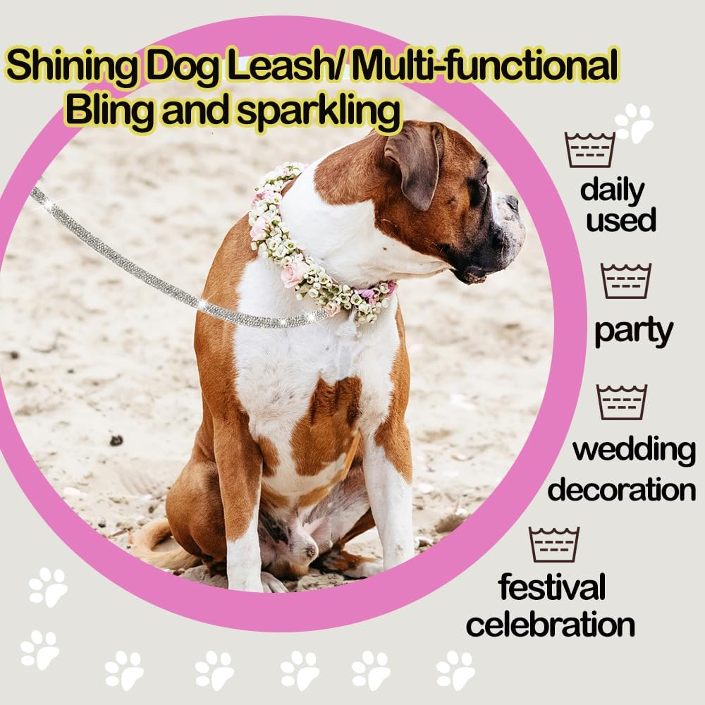 Bling Dog Leash 4ft Small Dog Leash Girl Sparkly Rhinestones Leashes Handmade Full Diamonds Design Pets Leashes Specially for Wedding Daily Walks Festive Party Celebrations (White, 4ft)