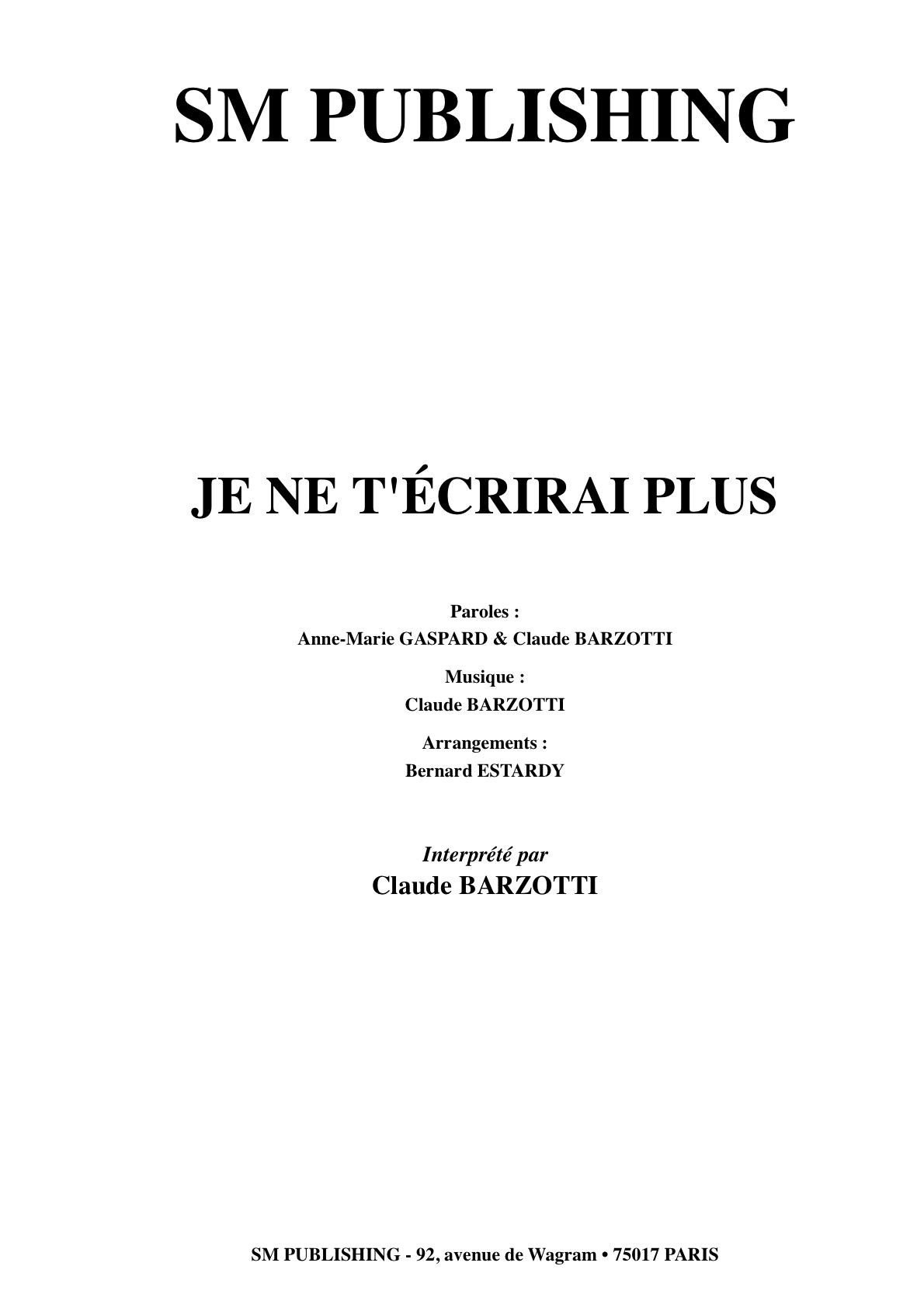 Je Ne T ecrirai Plus Claude Barzotti Lyrics