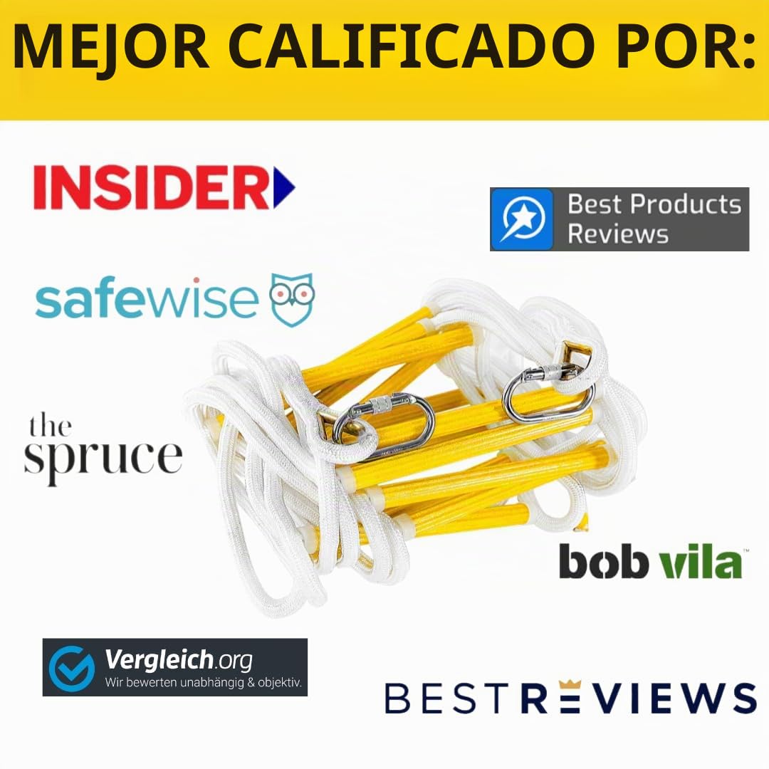 ISOP Escalera de Emergencia contra Incendios 3 Pisos Casas - única Resistente a Las Llamas de 10 Metros con Mosquetones | Escalera de Cuerda 10m con Cable de Seguridad y Arnés - Certificado