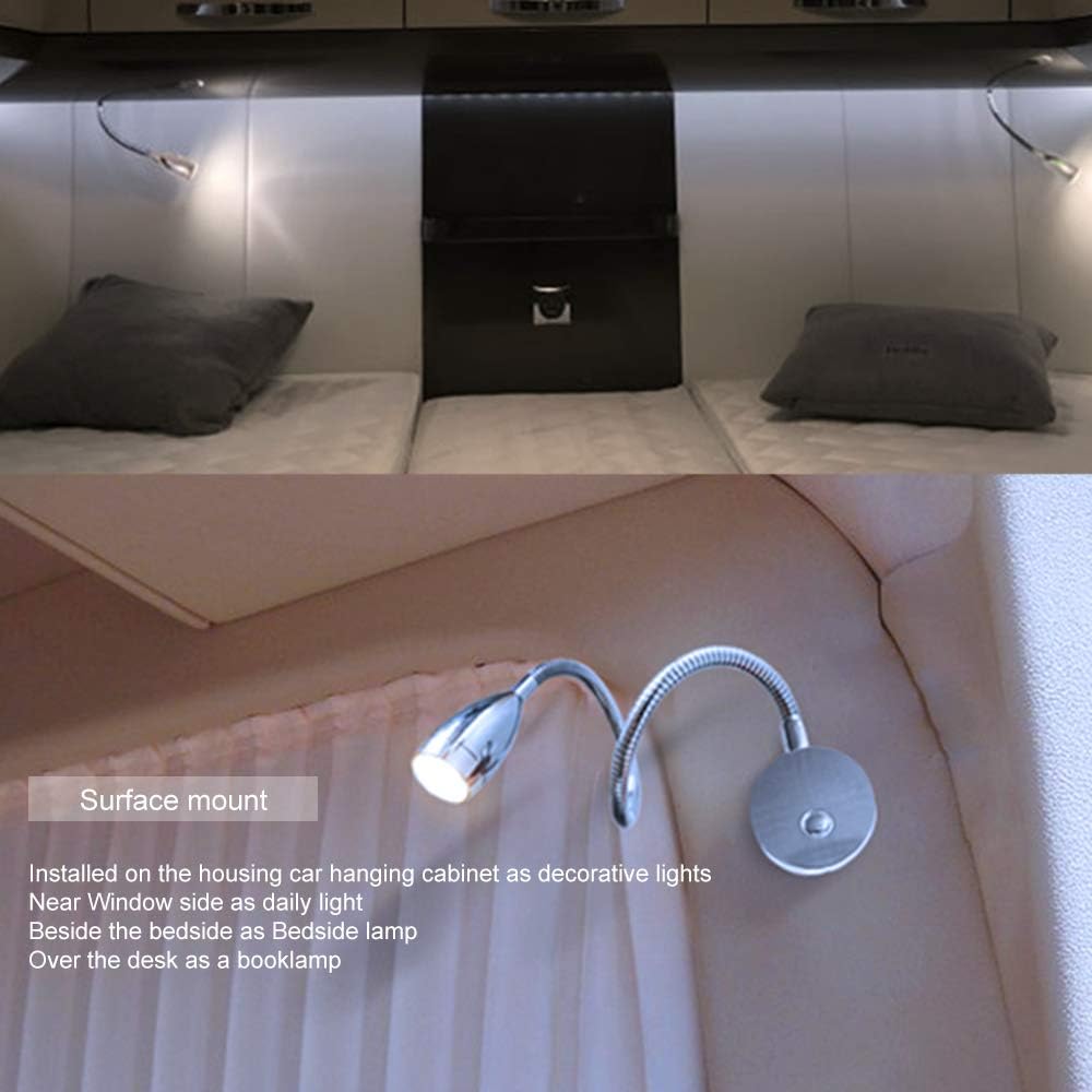 RV Fixture 12V Reading Lamp with Copper USB Plus - Spotlight Gooseneck Round Beside Light, Dimming Touch Switch has Blue Circle Nightlight, Surface Wall Mounted on Caravan Boat Interior, Aluminum Base