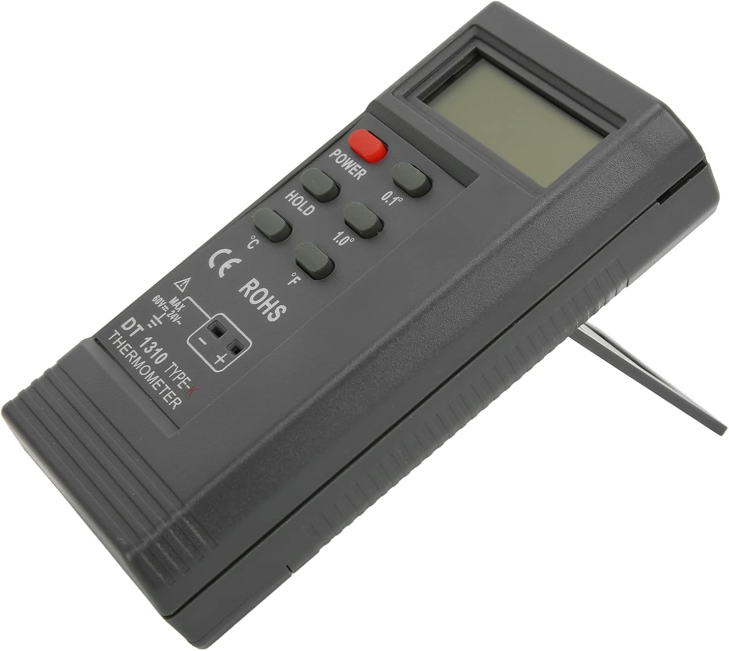 Front and back view of the Walfront -1310 thermometer, showing battery compartment