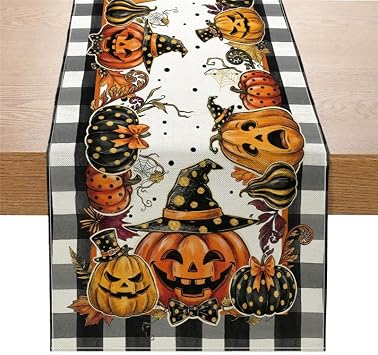 Halloween Linen Black and White Pumpkins Table Runner 72 Inches Long Seasonal Winter Christmas Xmas Holiday Farmhouse Style Table Decoration Black